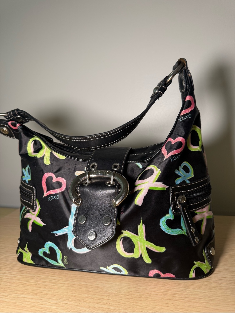 XOXO Black Shoulder Bag with Colorful Heart & XO Print